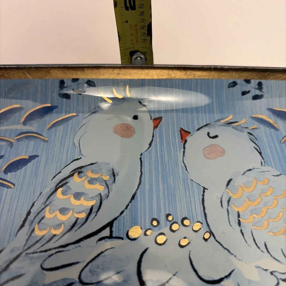 Pier 1 Vintage Blue‎ Gold Foil Art Glass Birds Oblong Serving Tray Dish Whimsy